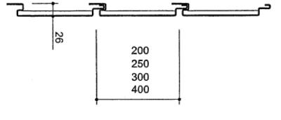 Die Abbildung zeigt die Geometriezeichnung des Stahl-Wandpaneels mit sichtbarer Schattenfuge und beidseitiger Kopfkantung MONTALINE® ML 26/200 F-K 