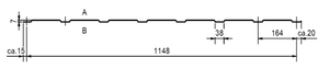 Die Abbildung zeigt die Geometriezeichnung des Stahl-Wandpaneels MONTAFORM® MF 7-8/1148. 